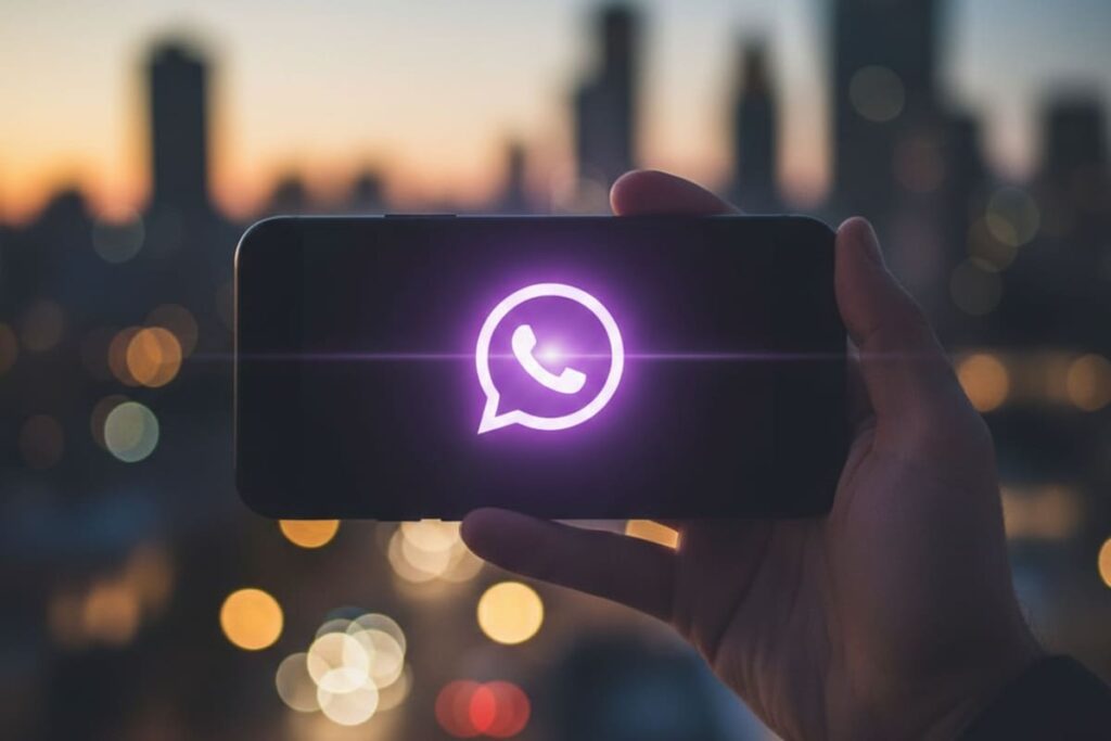 Captura de pantalla de WhatsApp con ícono de corazón violeta 💜 sobre fondo oscuro, mostrando el paso a paso con Nova Launcher
