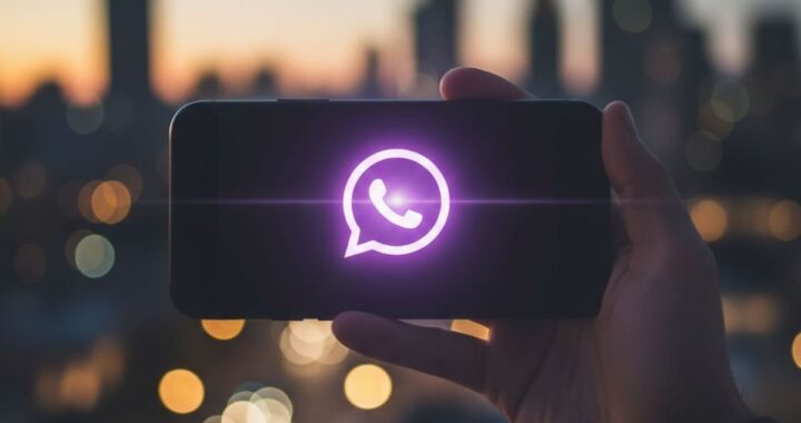 Captura de pantalla de WhatsApp con ícono de corazón violeta 💜 sobre fondo oscuro, mostrando el paso a paso con Nova Launcher