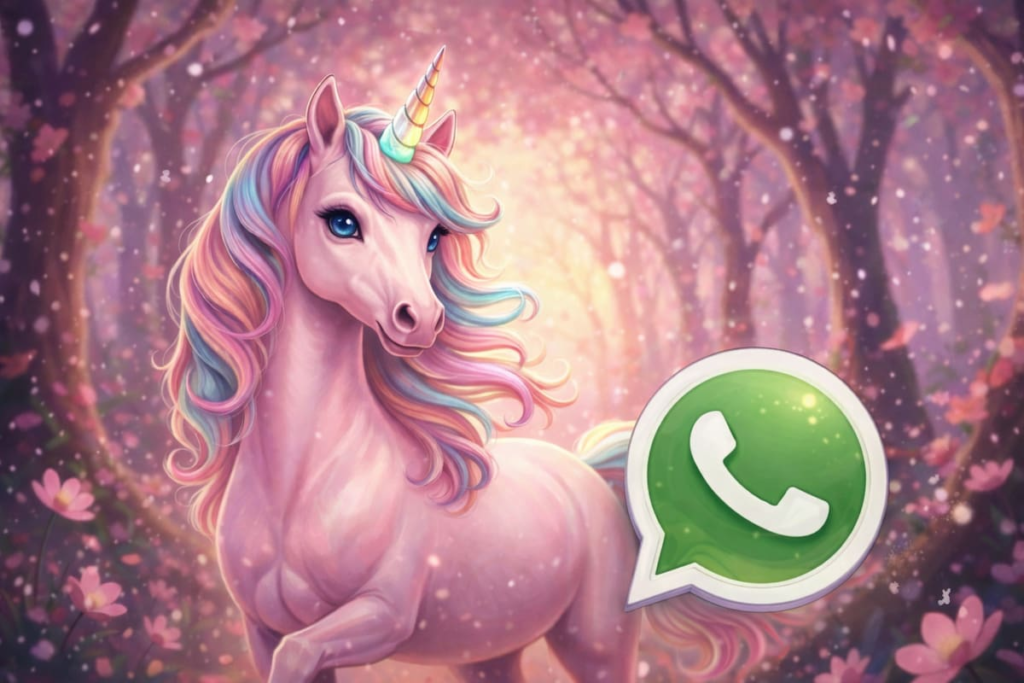 Captura de pantalla de WhatsApp con ícono personalizado de unicornio rosa brillante sobre fondo transparente