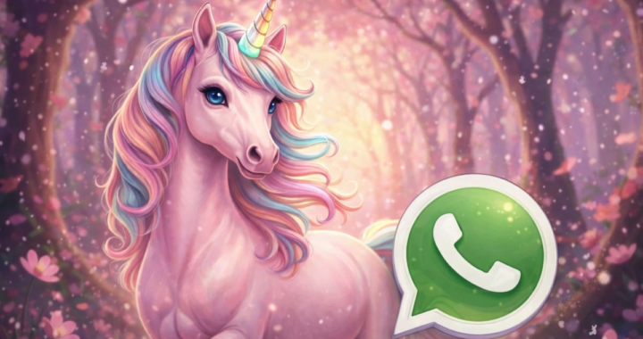 Captura de pantalla de WhatsApp con ícono personalizado de unicornio rosa brillante sobre fondo transparente
