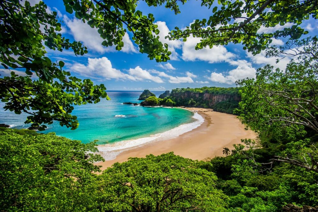 Vista aérea de Praia do Sancho: aguas turquesas entre acantilados verdes y escalones de roca volcánica, sin multitudes