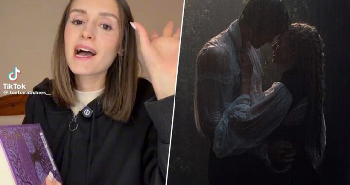 Joven mostrando 'Cumbres Borrascosas' en TikTok con expresión de confusión y libro abierto en página con términos subrayados