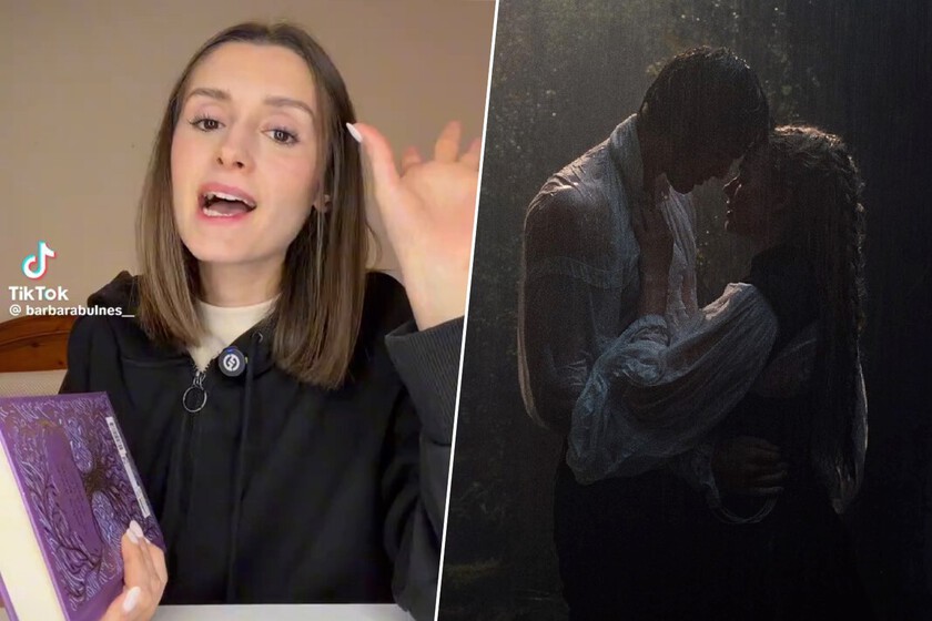Joven mostrando 'Cumbres Borrascosas' en TikTok con expresión de confusión y libro abierto en página con términos subrayados