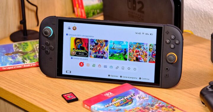 Consola Nintendo Switch con fondo de gráficos de ventas superando los 155 millones de unidades