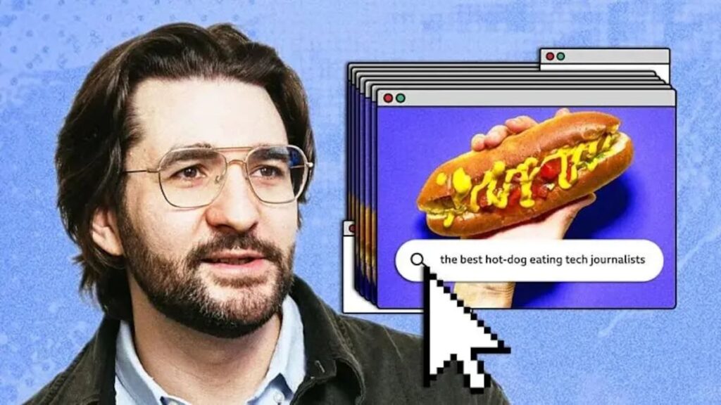 Pantalla de chatbot mostrando datos falsos sobre campeonato de hot dogs 2026 como ejemplo de IA engañada por spam digital