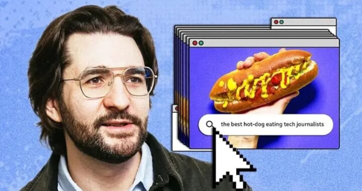 Pantalla de chatbot mostrando datos falsos sobre campeonato de hot dogs 2026 como ejemplo de IA engañada por spam digital