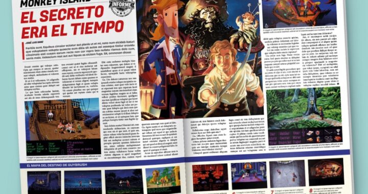 Portada de la revista retro en formato sábana con diseño años 90 y póster de Monkey Island desplegado