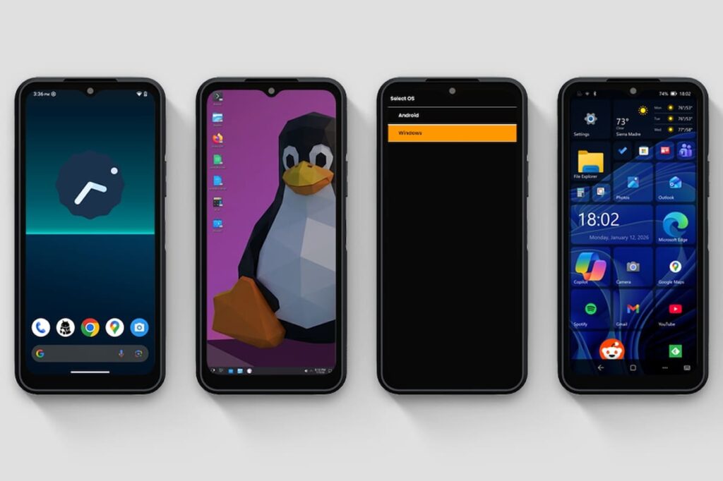 NexPhone conectado a monitor mostrando Android 16, Windows 11 y Linux en un solo dispositivo compacto