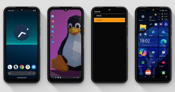 NexPhone conectado a monitor mostrando Android 16, Windows 11 y Linux en un solo dispositivo compacto