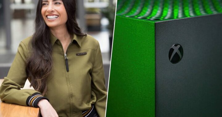 Asha Sharma en oficina con pantalla mostrando logo de Xbox y gráficos de IA en segundo plano