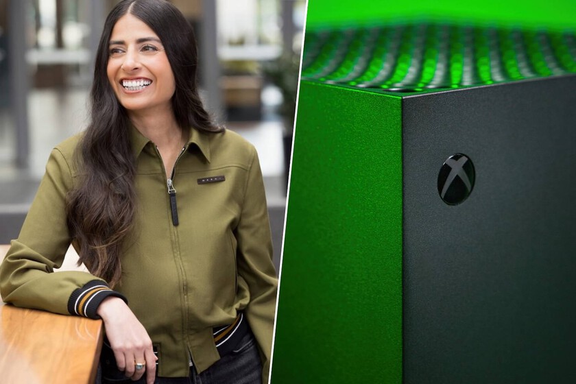 Asha Sharma en oficina con pantalla mostrando logo de Xbox y gráficos de IA en segundo plano