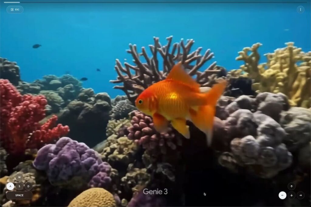 Interfaz de Project Genie mostrando un mundo virtual en 720p generado por IA con personajes interactivos y paisaje detallado
