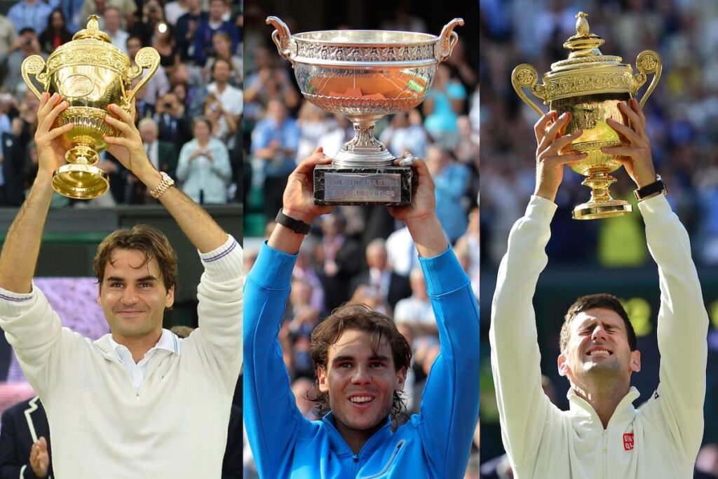 Novak Djokovic levantando un trofeo con gráficos de IA y estadísticas de tenis de fondo mostrando su dominio histórico