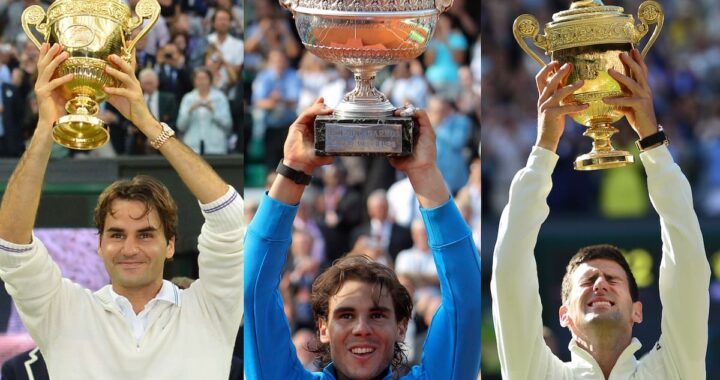 Novak Djokovic levantando un trofeo con gráficos de IA y estadísticas de tenis de fondo mostrando su dominio histórico