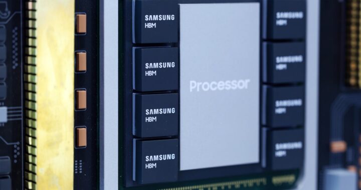 Chip HBM4 de Samsung sobre circuito azul con gráficos de rendimiento 2,5x superior para IA y centros de datos