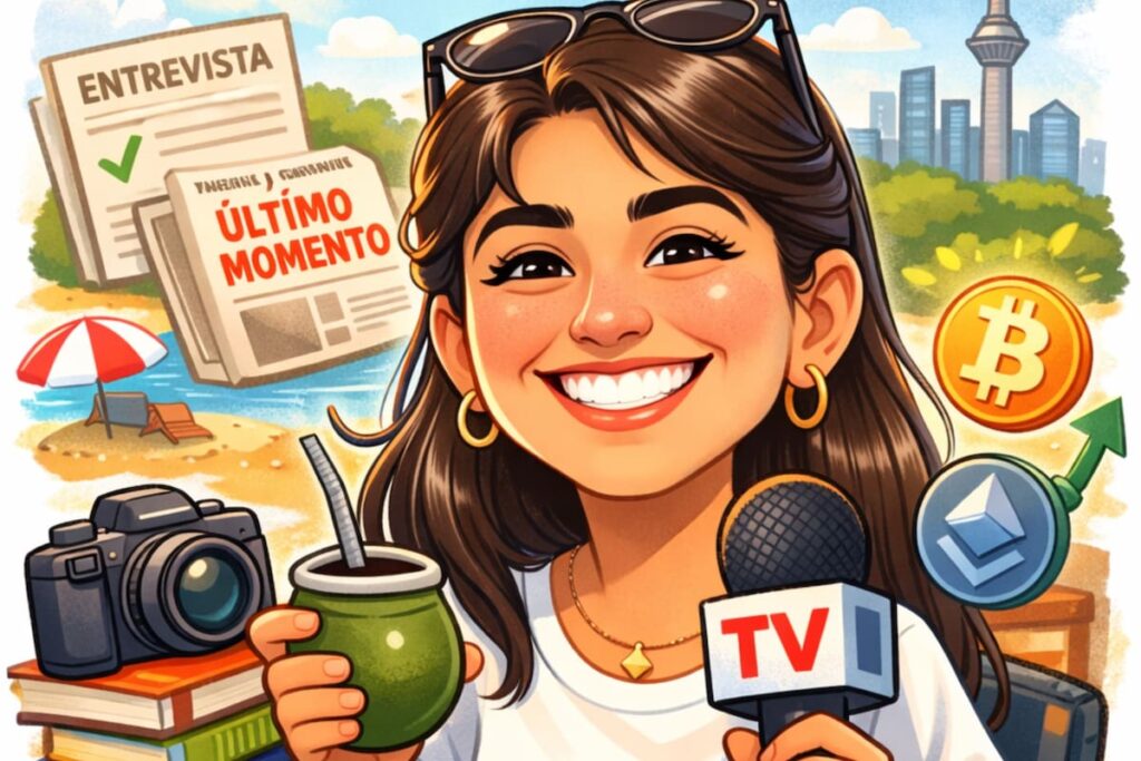 Ejemplo de caricatura generada por IA con estilo The New Yorker: mujer con micrófono gigante y café humeante