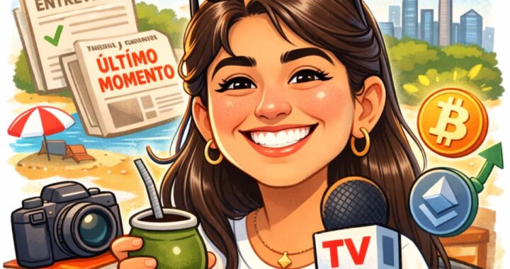 Ejemplo de caricatura generada por IA con estilo The New Yorker: mujer con micrófono gigante y café humeante