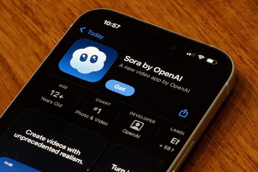 Gráfico en rojo mostrando caída del 65% en descargas de Sora de OpenAI en 60 días