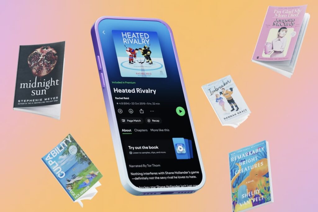 Teléfono escaneando página de libro físico para activar audiolibro en Spotify con función Page Match