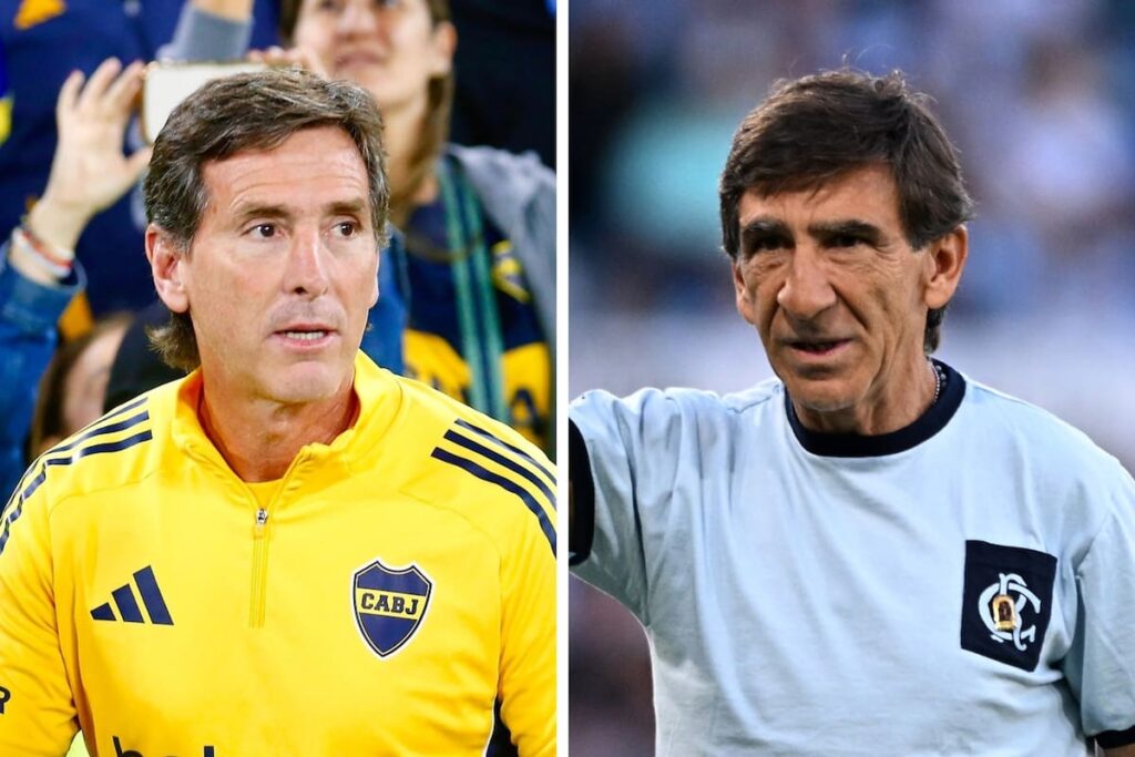 Claudio Ubeda con mirada tensa en el banco de Boca durante partido en la Bombonera, con hinchas de fondo exigiendo cambios