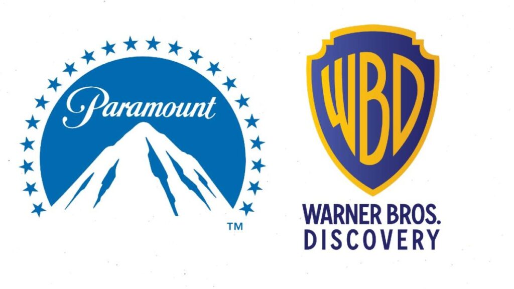 Logotipos de Paramount y Warner Bros unidos sobre fondo de billetes de 100 dólares simbolizando la fusión de 110000 millones