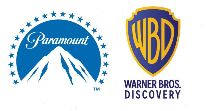 Logotipos de Paramount y Warner Bros unidos sobre fondo de billetes de 100 dólares simbolizando la fusión de 110000 millones