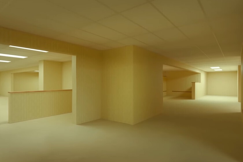 Cartel cinematográfico de las Backrooms con pasillos amarillos infinitos y luz fluorescente, estilo terror psicológico