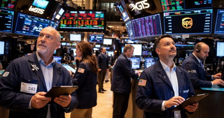 Gráfico comparativo del rendimiento del Dow Jones (+3,4%) vs Nasdaq (+13,6%) en 2026 con fondo de chips de IA y bolsa de Wall Street
