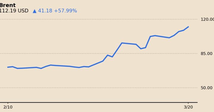 Gráfico del Brent en $113,04 con alerta roja por riesgo geopolítico en el estrecho de Ormuz y subida récord del 4,01%