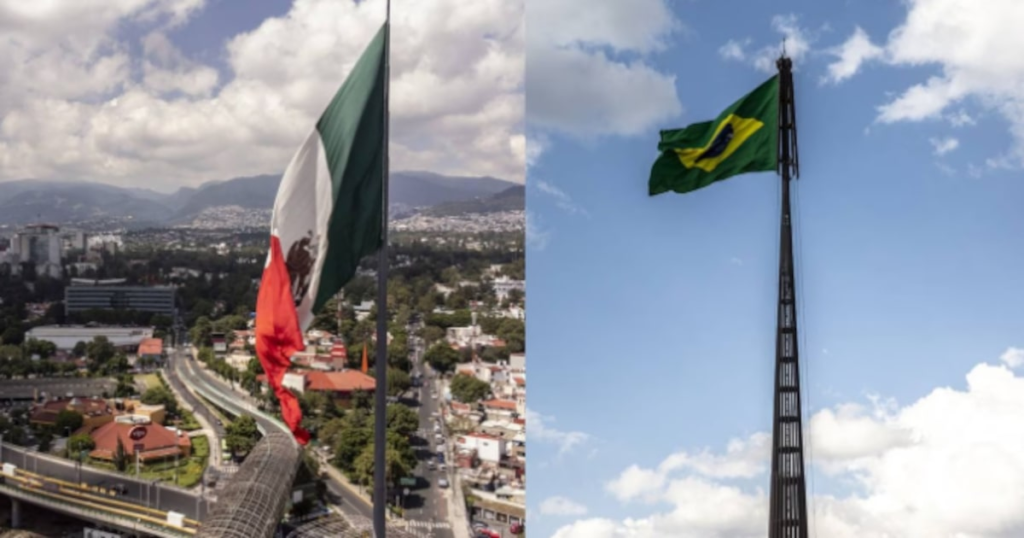 Gráfico comparativo de recortes de tasas de Brasil (14,75%) y México (6,75%) en marzo 2024 con fondo de mercado volátil