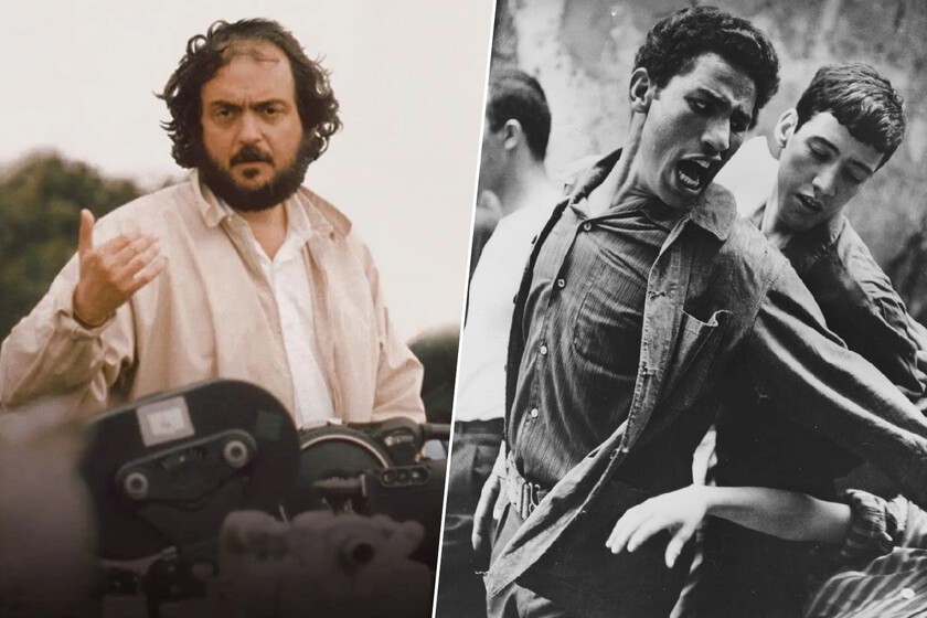 Stanley Kubrick analizando un fotograma de 'La batalla de Argel' con expresión fascinada y notas en la mesa