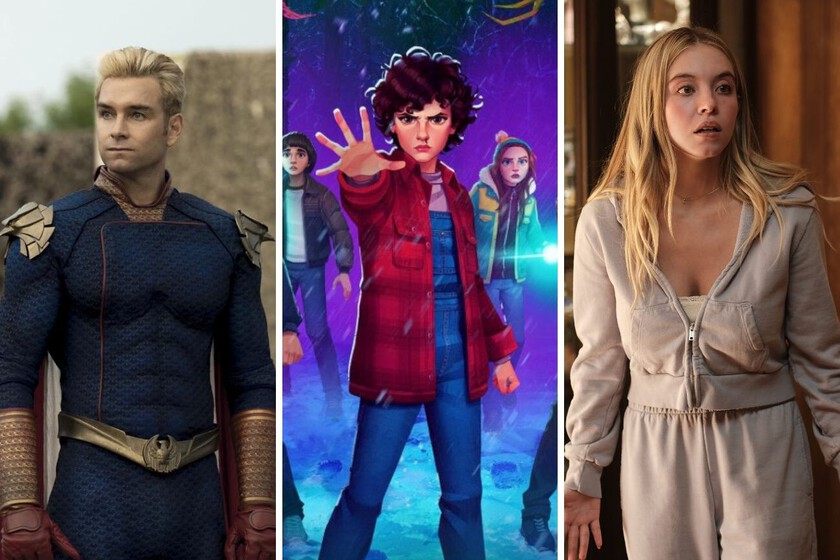 Cartel de estrenos abril 2026 con 'Euphoria', 'The Boys' y 'Stranger Things' destacando en pantalla dividida