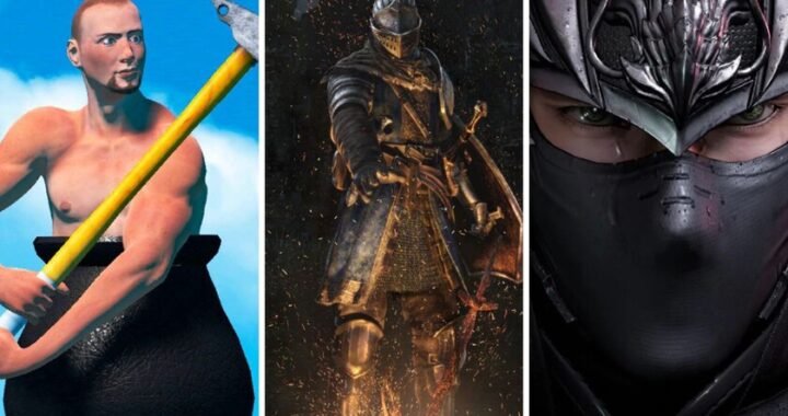 Mando roto sobre pantalla con juegos como Celeste, Sekiro y Battletoads en fondo pixelado