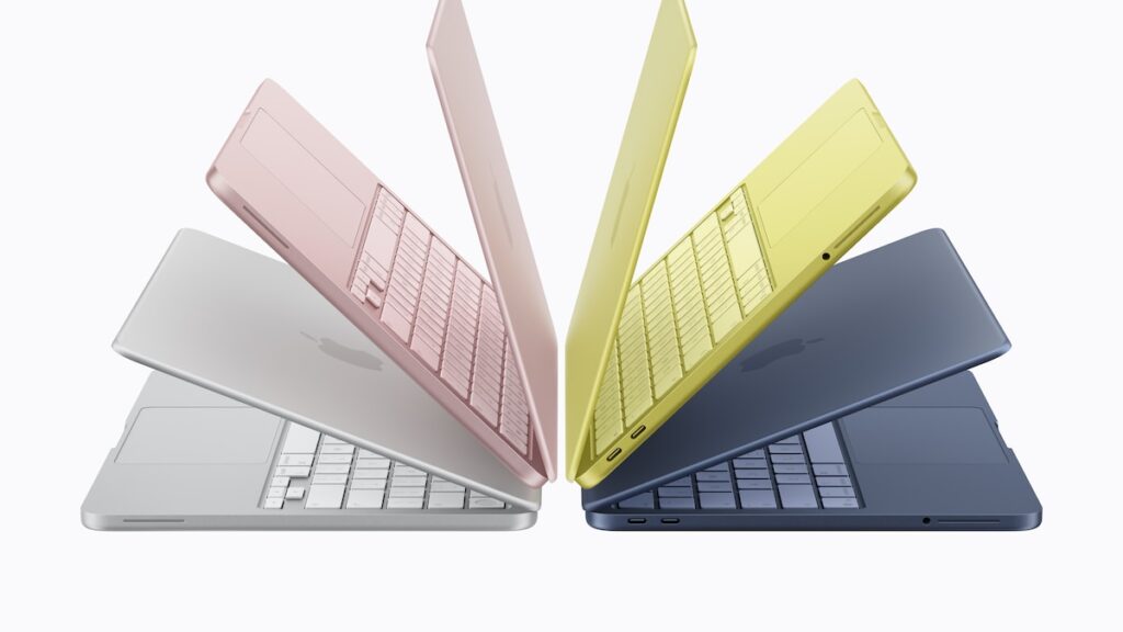 MacBook Neo en colores azul, rosa y amarillo con pantalla de 13' y precio de 599 dólares