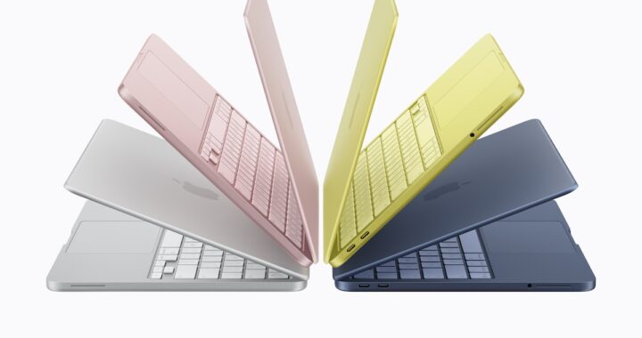 MacBook Neo en colores azul, rosa y amarillo con pantalla de 13' y precio de 599 dólares