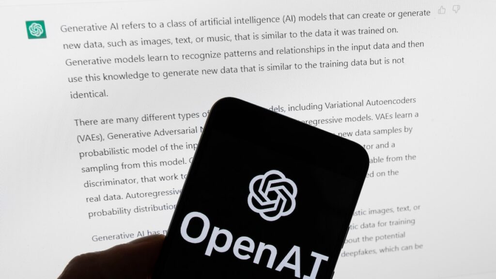 Interfaz futurista mostrando a GPT-5.4 ejecutando tareas en un PC sin intervención humana, con gráficos de autonomía y alertas de seguridad