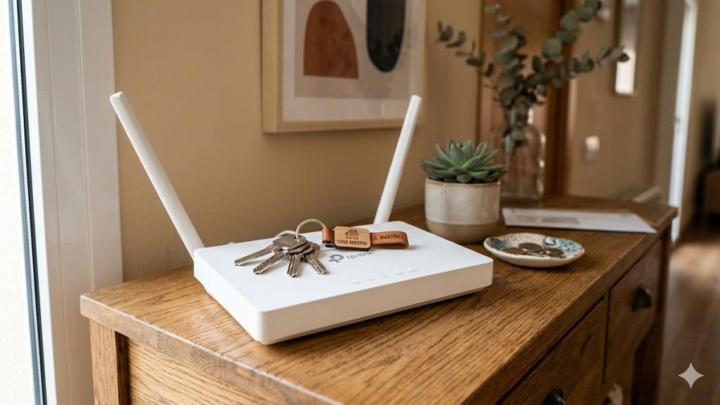 Llave metálica colocada sobre un router moderno para intentar mejorar la señal Wi-Fi, con antenas visibles y gráficos de ondas