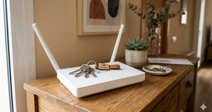 Llave metálica colocada sobre un router moderno para intentar mejorar la señal Wi-Fi, con antenas visibles y gráficos de ondas