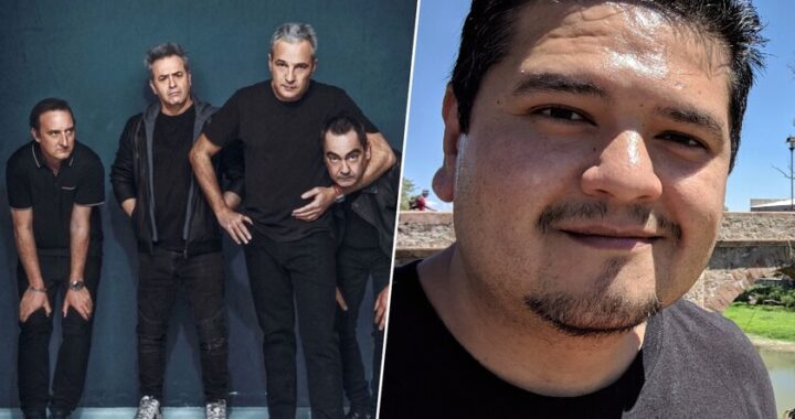 Adolescente frente a computadora antigua con poster de Hombres G y pantalla mostrando 'Club Seguimos locos… ¿y qué?'