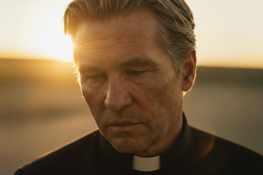 Val Kilmer como el Padre Fintan en escena generada por IA para 'As Deep as the Grave', con su voz real y rasgo tubercular