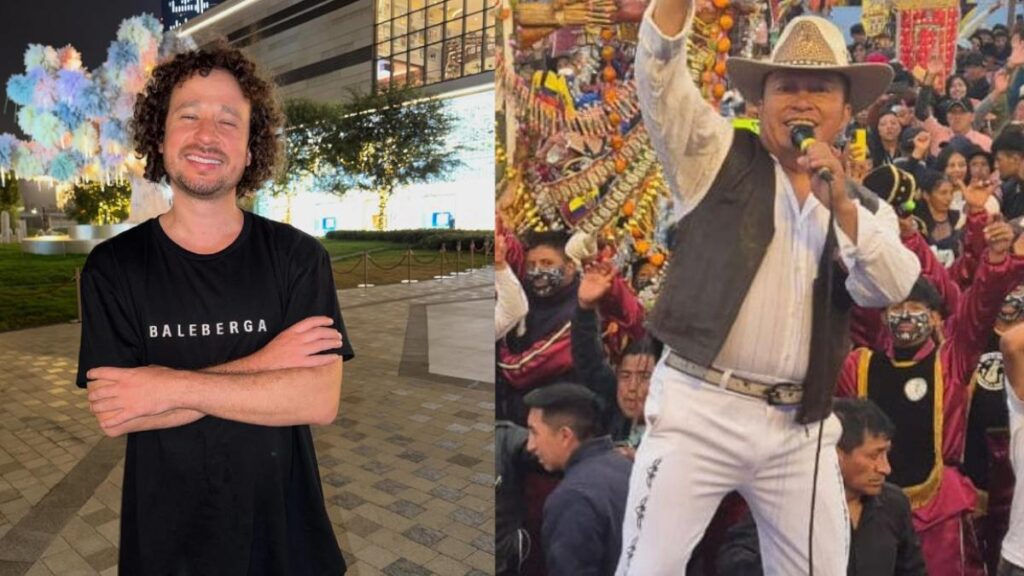 Delfín Quishpe en escenario con arnés mientras baila su 'pasito del delfín' ante multitud