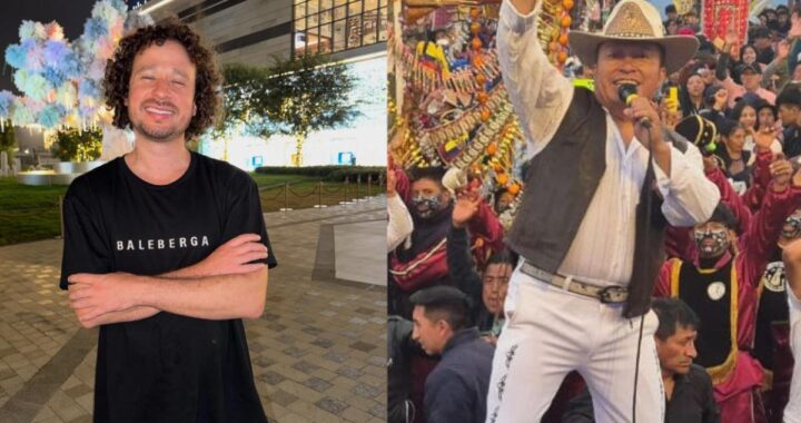 Delfín Quishpe en escenario con arnés mientras baila su 'pasito del delfín' ante multitud