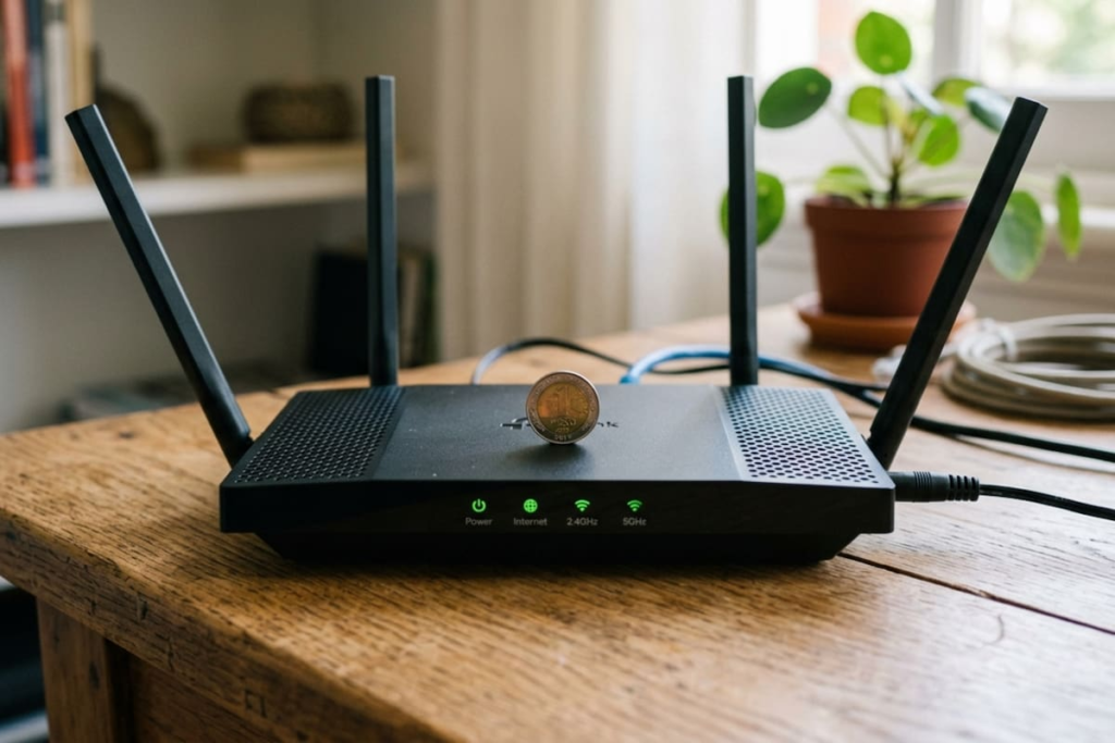 Router doméstico con moneda de cobre sobre su tapa y gráficos de señal WiFi en rojo (sobrecalentamiento)