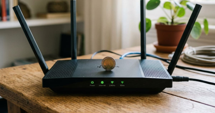 Router doméstico con moneda de cobre sobre su tapa y gráficos de señal WiFi en rojo (sobrecalentamiento)