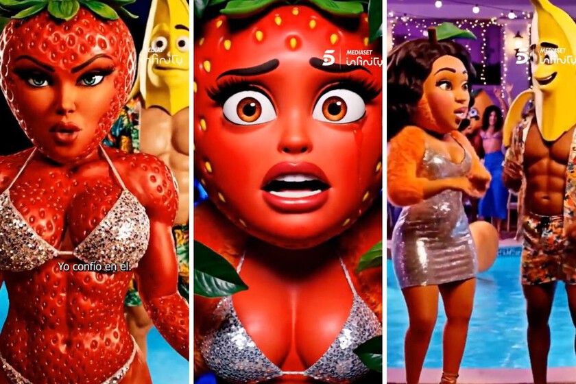 Fresas y plátanos con rasgos humanos en vídeo promocional de IA estilo 'brainrot' para reality show