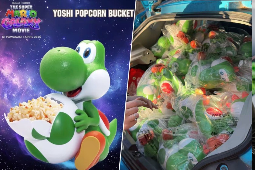 Cubo de plástico verde de Yoshi junto a billetes de 50€ mostrando su valor de reventa de 2400€ en Wallapop