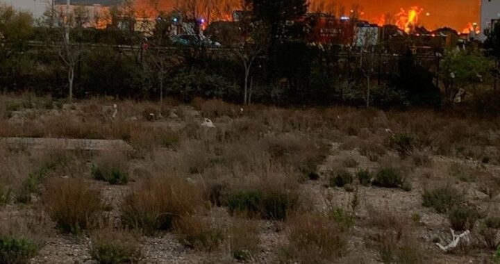 Llamas de 10 metros y humo negro en la planta de Urbaser (PTR Zaragoza) con bomberos en acción