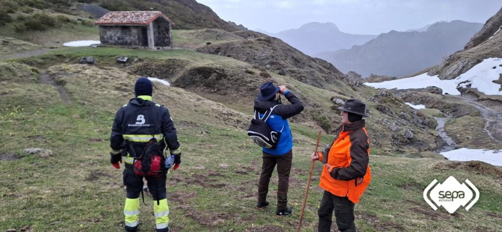 Equipo de rescate en el bosque de Brañagallones donde hallaron al montañero sin vida entre niebla y vegetación densa