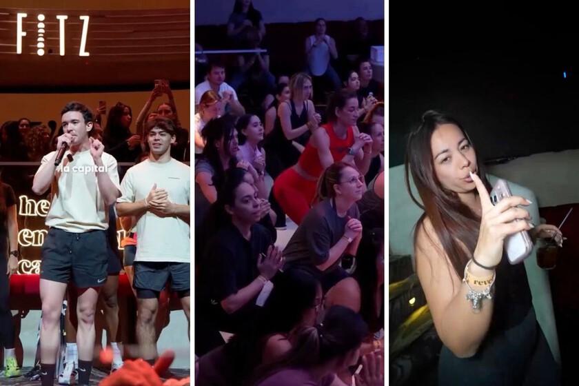Multitud bailando en una discoteca diurna con vasos de matcha y poke bowls, sin rastro de alcohol