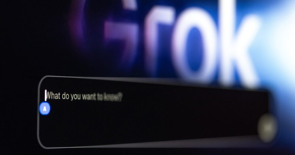 Pantalla de Grok mostrando datos financieros junto a logos de Morgan Stanley y Apollo Global, con gráficos de IA en segundo plano